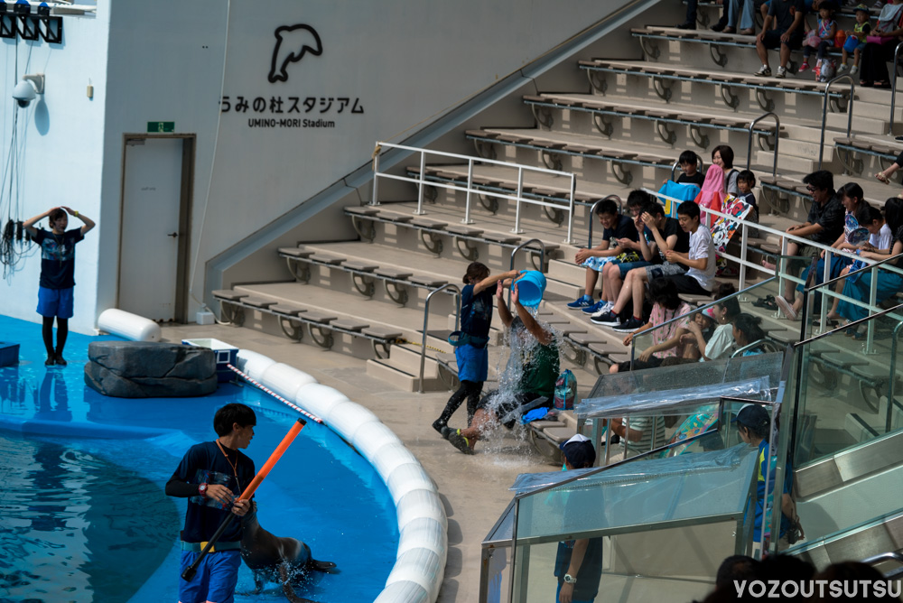 バケツの水をスタッフからかけられる最前列のお客さん